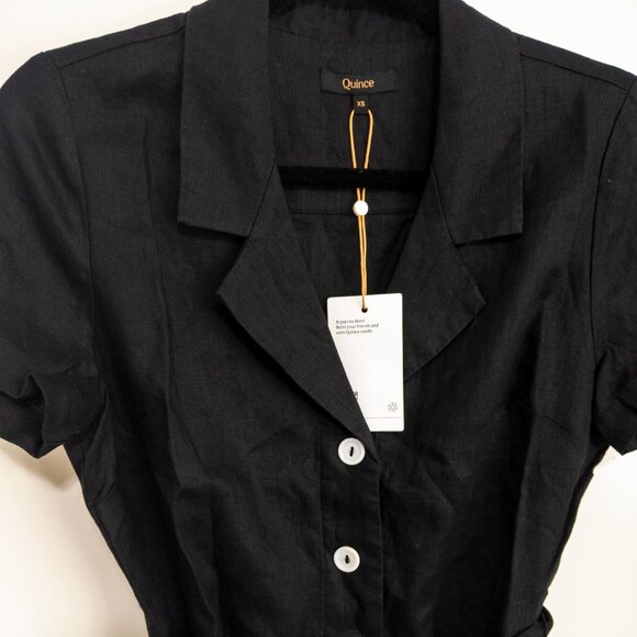 QUINCE XS 100% European Linen Button Front Dress in Black Midi Belted Vacay NWT - Picture 4 of 6